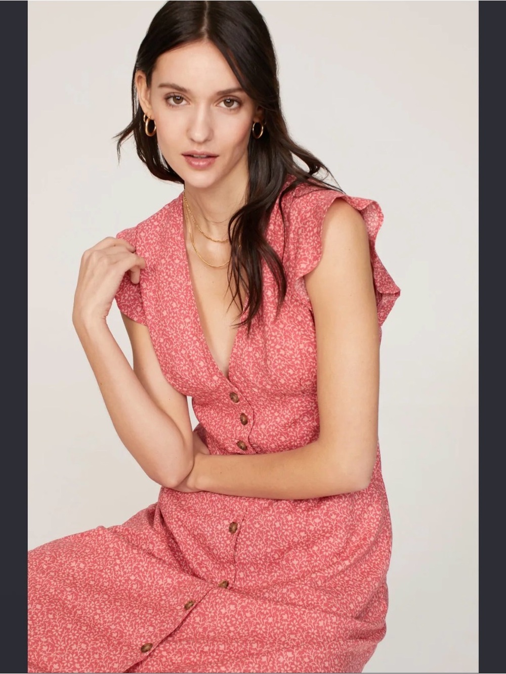 Marine Layer Camila Midi Dress Small Floral V neck Button-Front Hemp Feminine